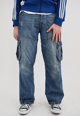 Vintage 90's Baggy Cargo Jeans in Blue Denim 