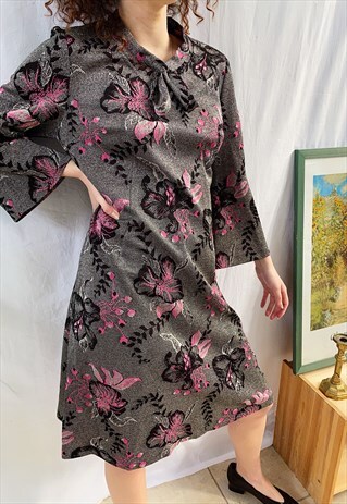 VINTAGE 60S REVIVAL FLORAL SHIMMER FLARE SLEEVE BOHO DRESS