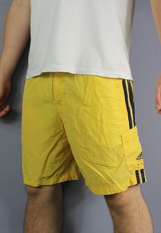 VINTAGE ADIDAS SHORTS IN YELLOW WITH POCKETS, EMBROIDERED LO