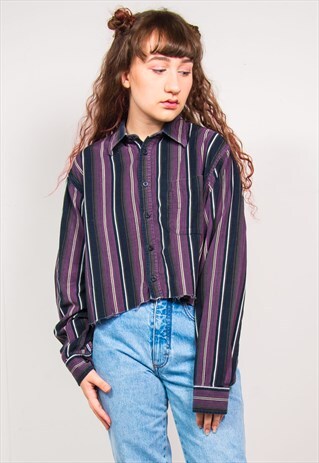 VINTAGE 90'S PURPLE STRIPED CORD CROPPED LONG SLEEVE SHIRT