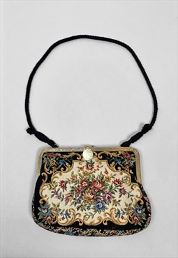 70's Black Tapestry Ladies Vintage Floral Bag