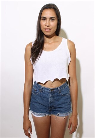 VINTAGE 1990'S 90'S WHITE MESH CROP TOP TANK PERFORATED S-M
