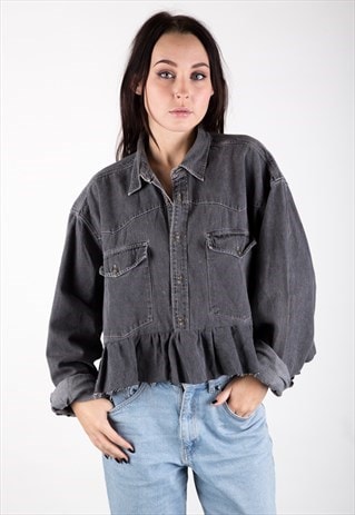 REWORKED VINTAGE CROPPED DENIM SHIRT WITH PEPLUM