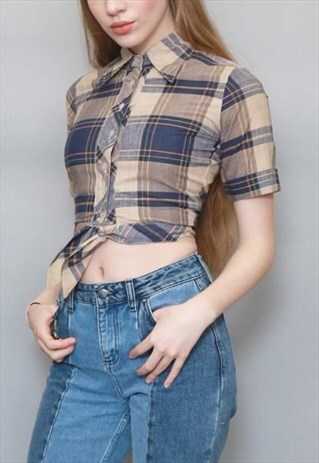 VINTAGE 1990'S BLUE AND CREAM TARTAN PRINT TIE UP CROP SHIRT