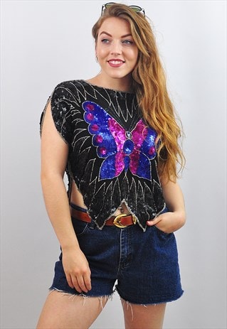 VINTAGE SPARKLY SEQUIN SILK BUTTERFLY FESTIVAL TOP