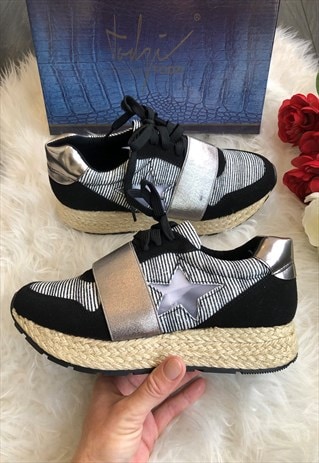 Black & Silver Star Chunky Espadrille Trainers