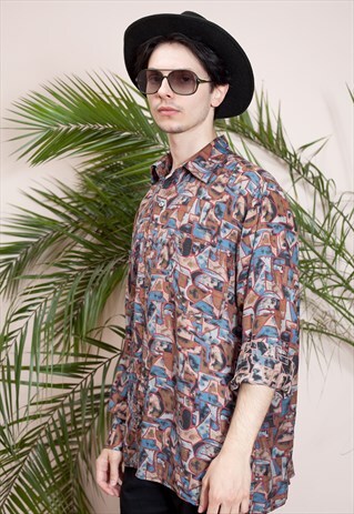 MENS VINTAGE LONG SLEEVE, ABSTRACT PRINT, BUTTON UP SHIRT