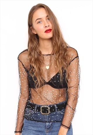 BLACK GLITTER POLKADOT MESH SHEER LONG SLEEVE TOP