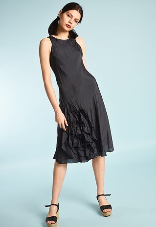 VINTAGE 90'S RETRO RUFFLE SKIRT MIDI CHARCOAL DRESS