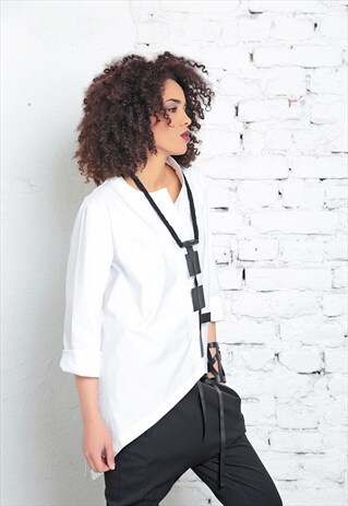 WOMENS TUNIC, WHITE TOP, ASYMMETRIC BLOUSE