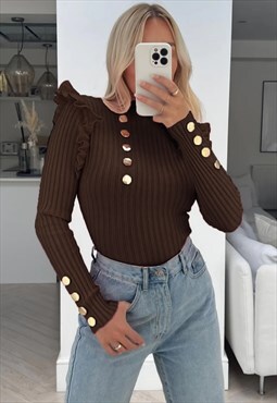 Chocolate Frill Sleeve Gold Button Top