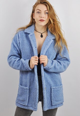 VINTAGE GRUNGE LIGHT BLUE FLEECY FAUX FUR JACKET