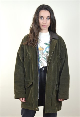 1980S VINTAGE GREEN CORD LEATHER COLLAR JACKET
