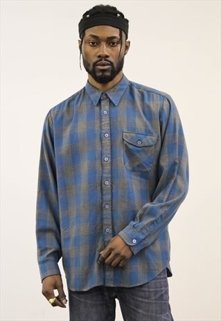 VINTAGE BLUE AND GREY CHECKED LONG-SLEEVED SHIRT