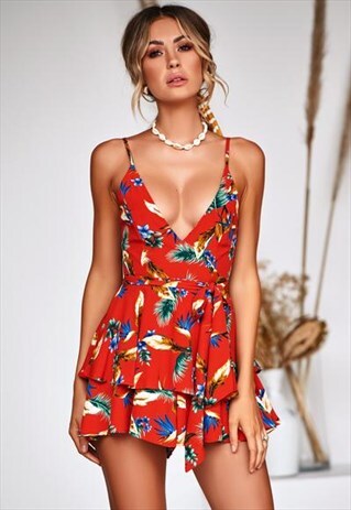RED PRINT V-NECKLINE ROMPER