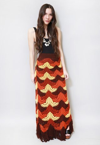 VINTAGE 1970'S YELLOW & ORANGE CROCHET MAXI SKIRT