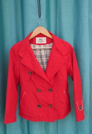 VINTAGE RED BURBERRY JACKET WITH NOVA CHECK LINING.