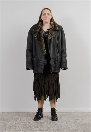 VINTAGE 90S BLACK OVERSIZED LEATHER FAUX FUR JACKET XL