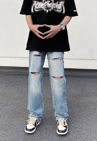 BLUE DISTRESSED WASHED DENIM JEANS PANTS TROUSERS