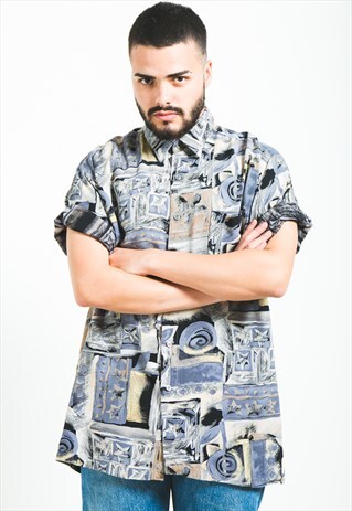 VINTAGE 80S CRAZY PATTERN FESTIVAL SHORT SLEEVE SHIRT /S5876