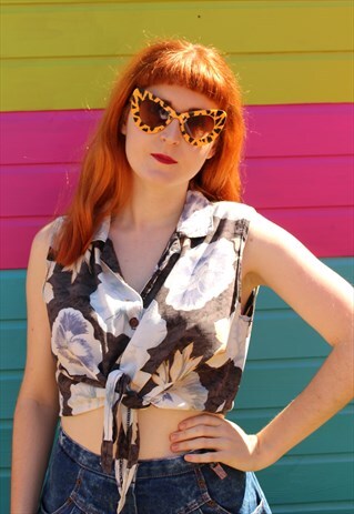 VINTAGE 80'S BROWN & BLUE FLORAL PRINT SLEEVELESS CROP TOP