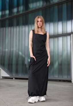 Vintage Y2K Rave Techno SPorts MAxi Dress sleeveslee Black S