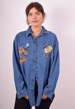WOMENS VINTAGE DENIM SHIRT LARGE BLUE 90S