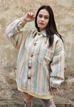 Vertical stripe jacket woolen feel rainbow bomber in cream