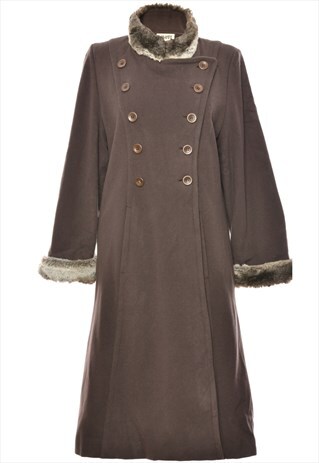 BEYOND RETRO VINTAGE DARK BROWN DOUBLE-BREASTED FUR TRIM WOO
