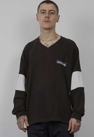 VINTAGE 80'S ADIDAS LOGO STRIPE BLACK V-NECK SWEATER