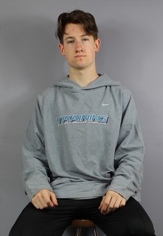 VINTAGE NIKE TRAINING HOODIE IN GREY WITH PRINTED LOGO AND P