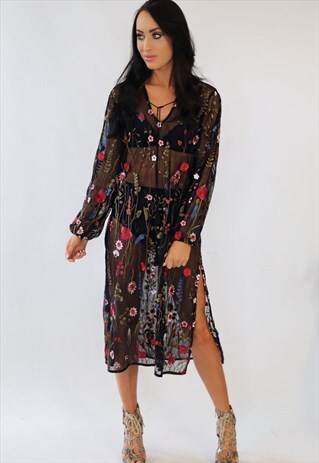 BLACK FLORAL EMBROIDERED MESH SUMMER COVER UP DRESS