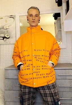 Graffiti letter puffer quilted bomber jacket in orange
