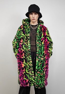 Neon leopard faux fur coat hooded rave festival jacket green