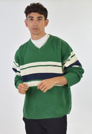 VINTAGE 90S GREEN WHITE TOMMY HILFIGER V NECK SWEATER