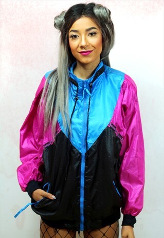 1990S VINTAGE BLACK, BLUE AND FUCHSIA SHELL TRACK JACKET