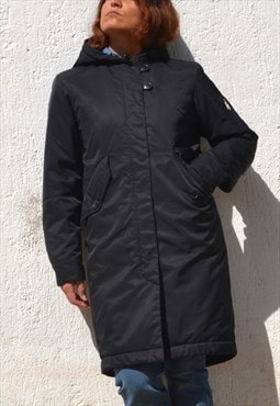 Vintage black hooded coat with shearling lining coat