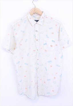 Vintage Pull And Bear Hawaiian Shirt White With Fruit Print 