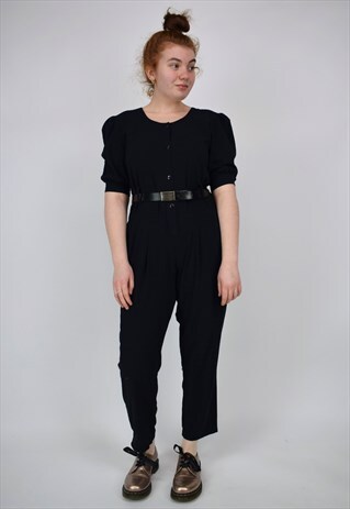 VINTAGE BLACK SHORT SLEEVE BUTTON UP JUMPSUIT