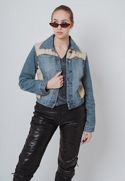 Vintage Y2k Crop Fleece Lined Denim Jacket in Blue XS