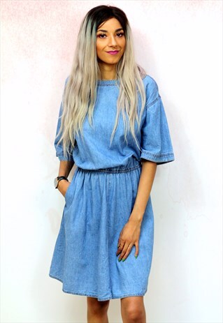 1990S VINTAGE ELASTICATED WAIST DENIM DRESS