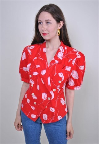 80S RED FLORAL BLOUSE, VINTAGE BOHO NATURE PRINT SHIRT