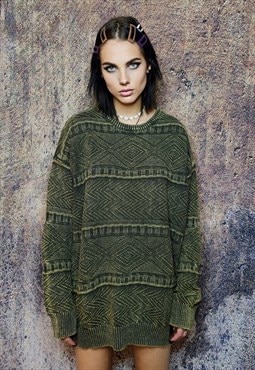 Vintage wash sweater premium bleached retro jumper in green