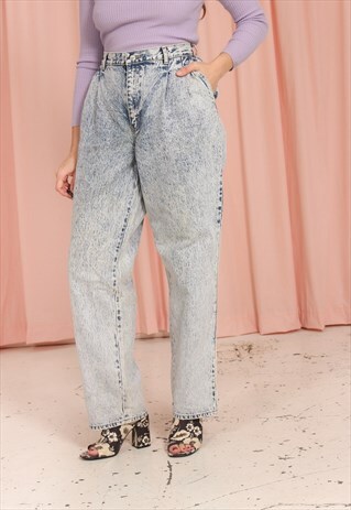 VINTAGE 90S HIGH WAISTED BLUE MOM JEANS IN ACID WASH 36W32L