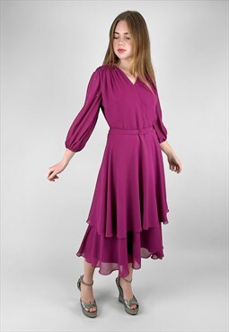 70' Vintage Dark Pink Diamante Bell Sleeve Midi Dress