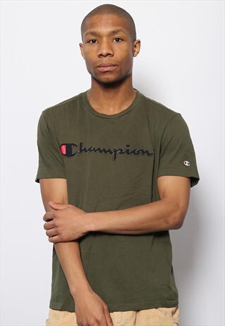 VINTAGE CHAMPION SPELLOUT BIG LOGO T-SHIRT GREEN
