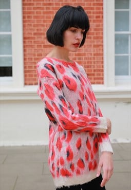 Knitted Jumper in Red and Blue Leopard Print