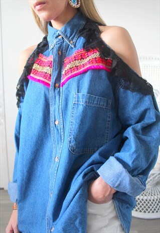 VINTAGE DENIM SHIRT ETHNIC EMBROIDERY ON FRONT