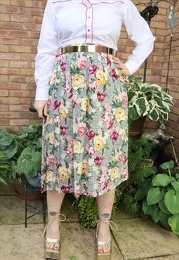 Vintage 80s Pink Yellow Floral Flower Houndstooth Midi Skirt