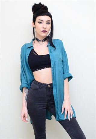 VINTAGE 90'S GENUINE SILK OCEAN BLUE OVERSIZED SHIRT